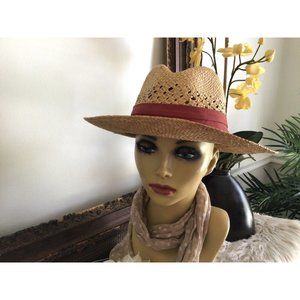 Vintage Womens Summer Hand Woven Panama Straw Beach Hat with Red Ribbon Band